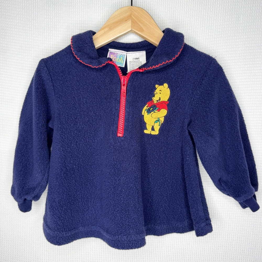 Vintage Girls Disney Pooh Navy Blue Fleece Jacket Coat Quarter Zip Pullover 18M